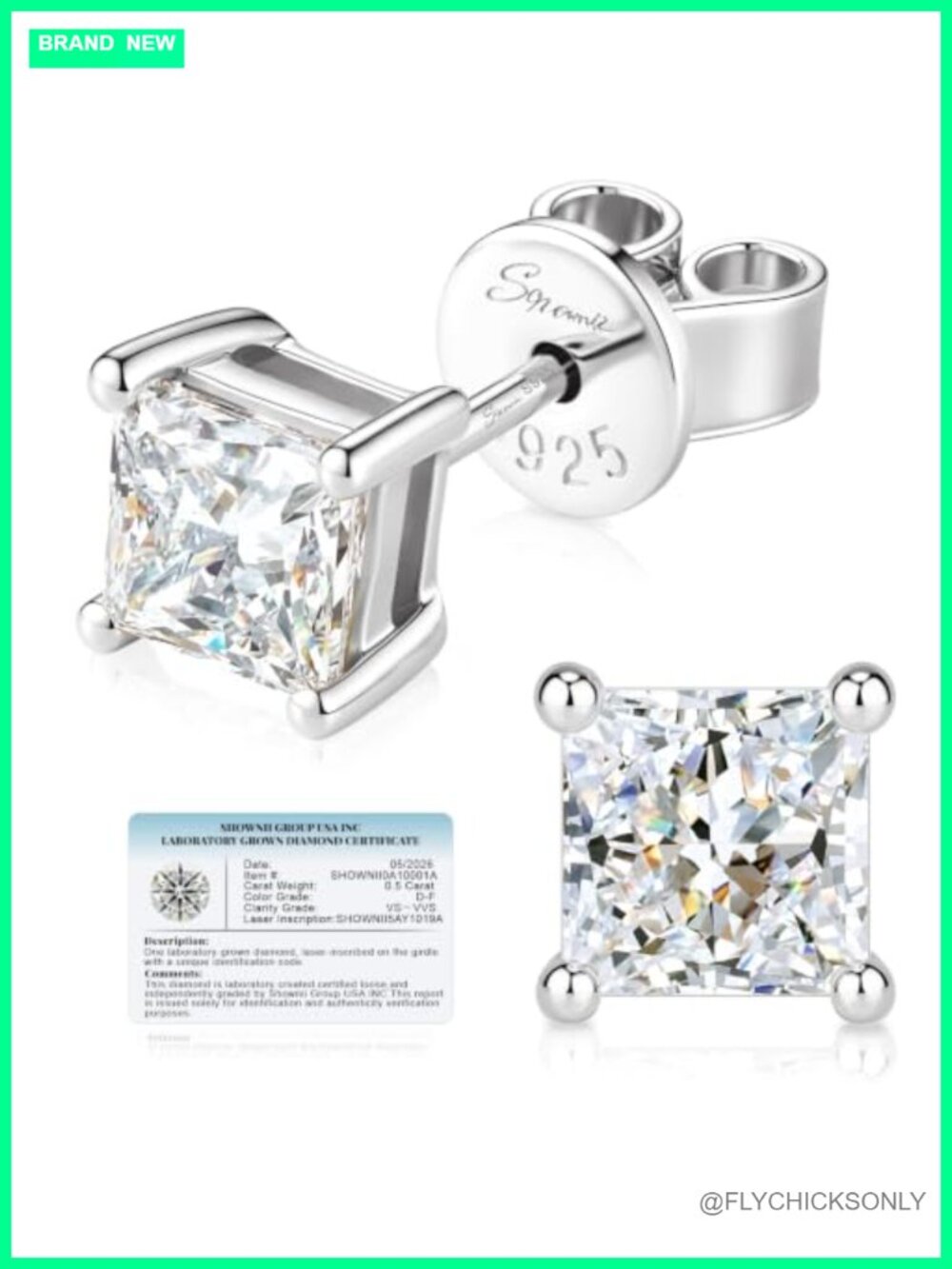 Princess Cut Lab Grown Diamond Stud Earrings 14K Gold Plated Sterling Silver